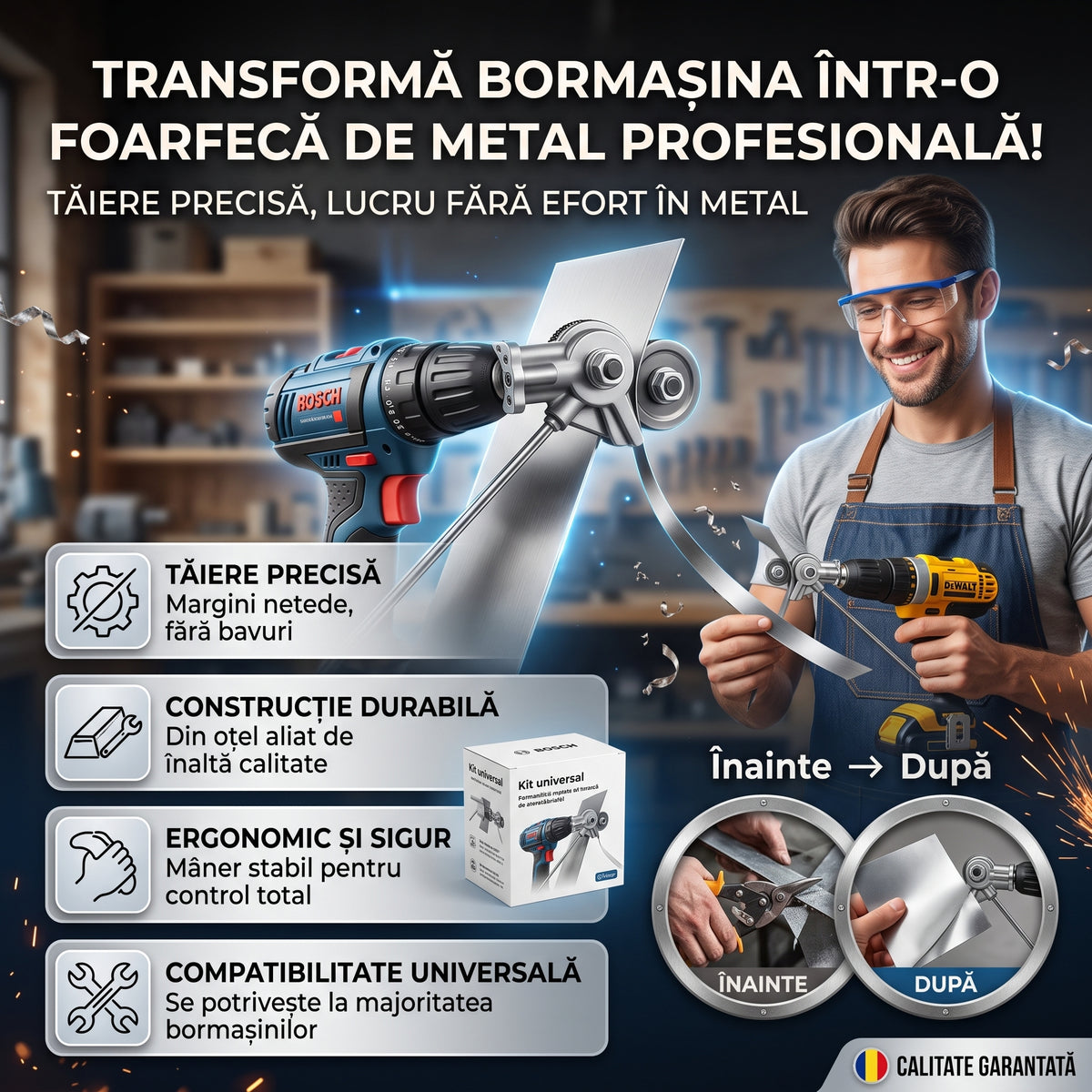 Adaptor Profesional Tăiere Tablă Cu Role de Ghidaj - Pentru Bormașină